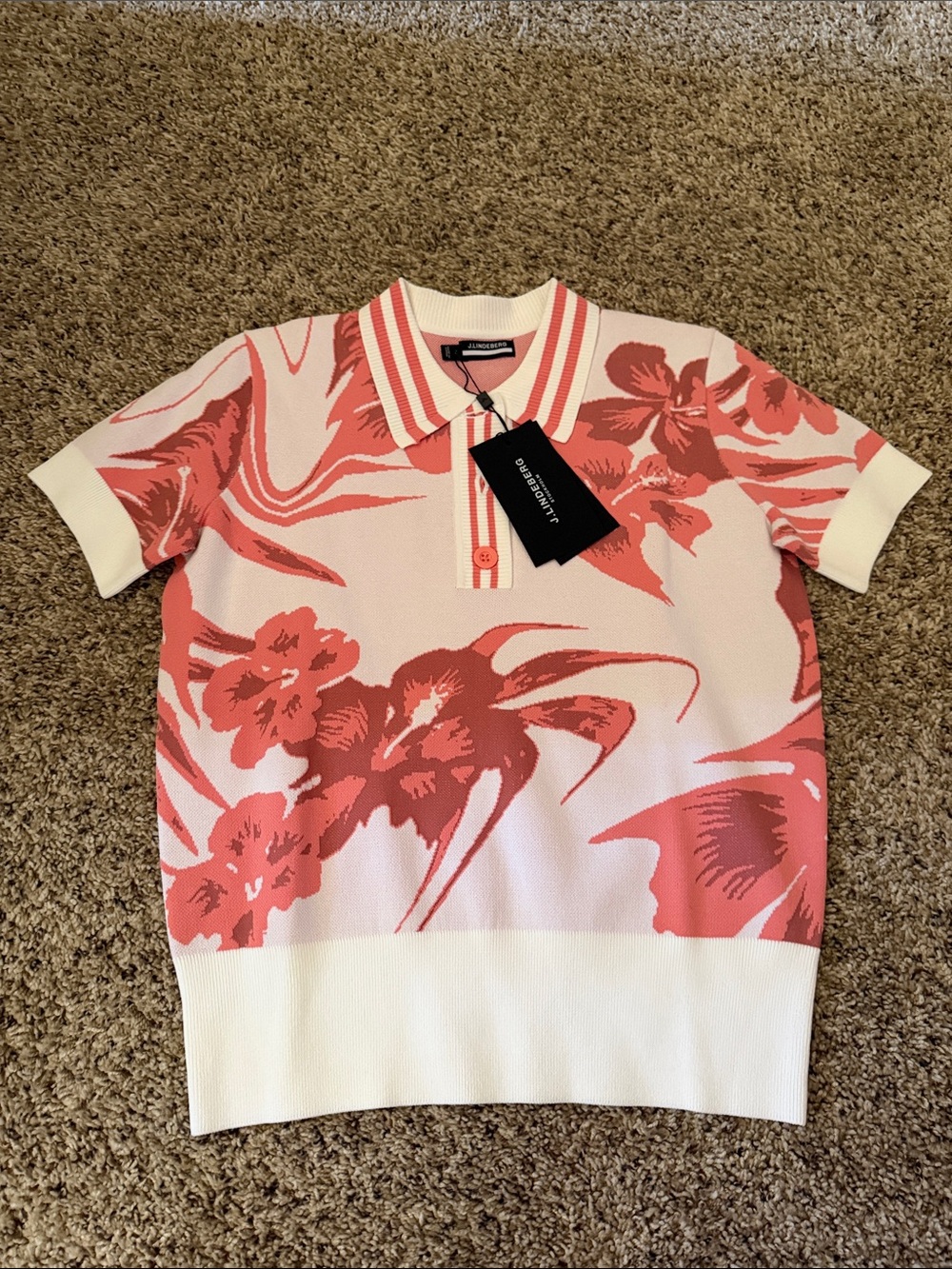 J.Lindeberg NWT SZ MED Pink and White Floral Knit Polo. Super stunning!
